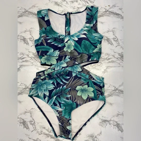 Floral Tropical Green One-Piece Swimsuit side cutouts Size Large - Picture 7 of 11